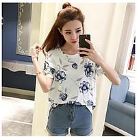 Women\'s Going out Casual/Daily Simple Summer T-shirt, Solid Animal Print Round Neck Short Sleeve Cotton Thin
