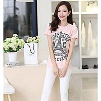 Women\'s Going out Casual/Daily Simple T-shirt, Solid Letter Round Neck Short Sleeve Special Leather Types