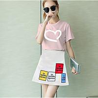 Women\'s Casual/Daily Street chic Spring Summer T-shirt Skirt Suits, Letter Round Neck Short Sleeve Micro-elastic