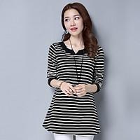 Women\'s Casual/Daily Simple Spring Summer Shirt, Striped Round Neck Long Sleeve Cotton Thin