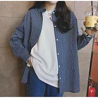 Women\'s Going out Vintage Shirt, Striped Shirt Collar Long Sleeve Cotton