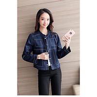 Women\'s Casual/Daily Simple Spring Fall Denim Jacket, Solid Round Neck Long Sleeve Regular Others