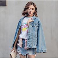 Women\'s Casual/Daily Simple Spring Fall Denim Jacket, Color Block Square Neck Long Sleeve Regular Others