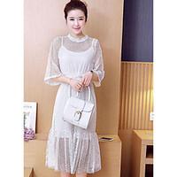 womens casual shift dress solid round neck midi half sleeve polyester  ...