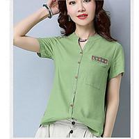 Women\'s Daily Vintage Chinoiserie Summer T-shirt, Solid Print Round Neck Short Sleeve Linen Medium