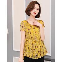 Women\'s Daily Casual Cute Blouse, Floral Round Neck Short Sleeve Chiffon