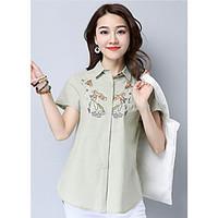 Women\'s Daily Simple Shirt, Solid Embroidery Shirt Collar Short Sleeve Cotton