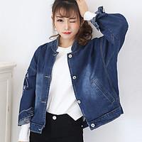 Women\'s Going out Casual/Daily Simple Street chic Fall Winter Denim Jacket, Solid Shirt Collar Long Sleeve Short Cotton Others