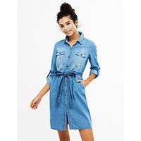 Women\'s Blue Cotton Dress , Casual Long Sleeve
