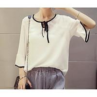 womens casual simple summer blouse solid round neck sleeve cotton