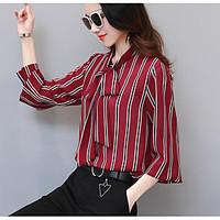 Women\'s Casual/Daily Simple Shirt, Striped Asymmetrical Long Sleeve Polyester