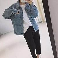 Women\'s Going out Casual/Daily Vintage Simple Fall Denim Jacket, Solid Shirt Collar Long Sleeve Regular Others