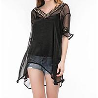 womens casualdaily simple summer blouse solid v neck length sleeve sil ...