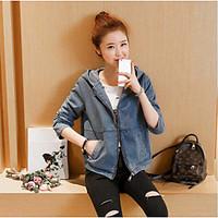 Women\'s Going out Casual/Daily Street chic Summer Denim Jacket, Solid Hooded Long Sleeve Regular Cotton