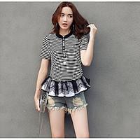 womens daily simple polo striped round neck short sleeve cotton