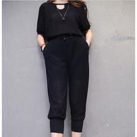 Women\'s Going out Casual/Daily Vintage Cute Street chic Spring Summer Fall Blouse Pant Suits, Solid Round Neck Half Sleeve Micro-elastic
