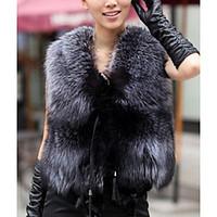 Women\'s Going out Sexy Fur Coat, Solid V Neck Sleeveless Winter Gray Faux Fur Thick