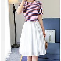 Women\'s Going out A Line Dress, Striped Round Neck Above Knee Short Sleeve Brocade Other Summer High Rise Micro-elastic Medium