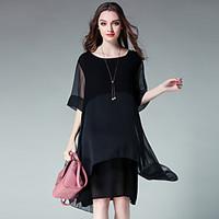 Women\'s Plus Size Casual/Daily Simple Cute Loose Chiffon Dress, Solid Round Neck Knee-length ½ Length Sleeve Cotton Chiffon Satin Summer