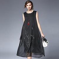 Women\'s Going out Casual/Daily Beach Simple Chinoiserie Loose Shift Dress, Print Round Neck Midi Sleeveless Cotton Chiffon Satin Summer