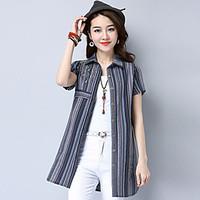 womens daily simple shirt striped shirt collar short sleeve cotton