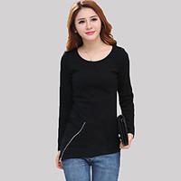 Women\'s Casual/Daily Simple Fall T-shirtSolid Round Neck Long Sleeve Black / Yellow Cotton Medium