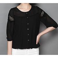 womens casualdaily simple blouse solid round neck long sleeve polyeste ...