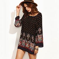 Women\'s Boho Casual/Daily / Holiday Boho / Cute Loose Dress, Paisley Round Neck Mini Long Sleeve White / Black Polyester Fall