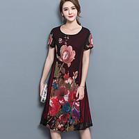Women\'s Plus Size Casual/Daily Vintage Loose Dress, Floral Round Neck Knee-length Short Sleeve Nylon Summer Mid Rise Micro-elastic Medium