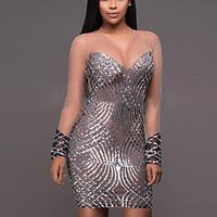 Women\'s Party Club Sexy Street chic Sequins Mesh Slim Bodycon DressPatchwork Round Neck Mini Long Sleeve Spring Fall High Rise Micro-elastic