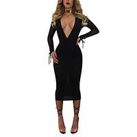 Women\'s Casual/Daily Club Sexy Simple Backless Mesh Slim Bodycon DressSolid Deep V Midi Long Sleeve Spring Fall High Rise Micro-elastic Medium