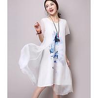 Women\'s Casual/Daily Shift Tunic Dress, Floral Round Neck Midi Short Sleeve Cotton Linen Spring Summer Mid Rise Micro-elastic Medium