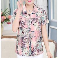 Women\'s Casual/Daily Simple T-shirt, Floral Shirt Collar Short Sleeve Silk