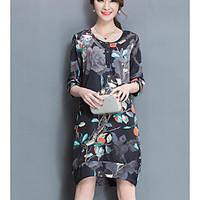 Women\'s Casual/Daily Loose Dress, Floral Round Neck Midi Short Sleeve Silk Spring Summer Mid Rise Micro-elastic Thin