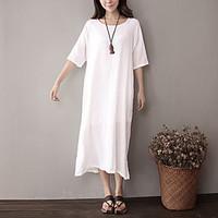 Women\'s Going out Loose Dress, Solid Round Neck Midi ½ Length Sleeve Cotton Summer Low Rise Micro-elastic Medium