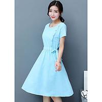 Women\'s Going out Casual/Daily Simple Cute A Line Dress, Solid Round Neck Knee-length Short Sleeve Linen Summer Mid Rise Micro-elastic Thin