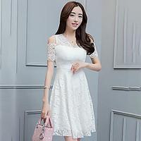 Women\'s Going out Simple Lace Dress, Solid V Neck Above Knee Short Sleeve Cotton Summer Mid Rise Inelastic Medium