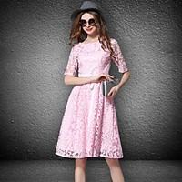 Women\'s Going out Casual/Daily A Line Dress, Solid Round Neck Midi ½ Length Sleeve Cotton Polyester Spring Mid Rise Inelastic Medium