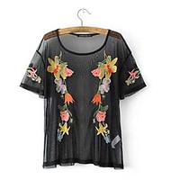 Women\'s Casual/Daily Vintage T-shirt, Embroidered Round Neck Short Sleeve Polyester