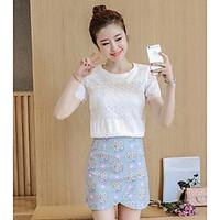 Women\'s Casual/Daily Simple Spring T-shirt Skirt Suits, Floral Round Neck Short Sleeve Lace