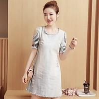 Women\'s Casual/Daily Cute Loose Dress, Solid Round Neck Above Knee Short Sleeve Cotton Spring Mid Rise Micro-elastic Medium