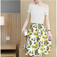 Women\'s Going out Cute Summer T-shirt Skirt Suits, Print Round Neck Short Sleeve