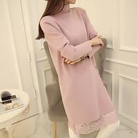 Women\'s Going out Loose Dress, Solid Crew Neck Knee-length Long Sleeve Cotton Spring Winter Mid Rise Micro-elastic Medium