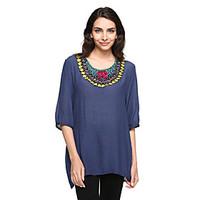 Women\'s Casual/Daily Simple Spring / Summer / Fall Blouse, Print Round Neck ½ Length Sleeve Blue Cotton Thin