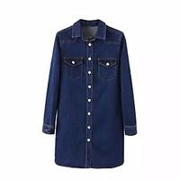 Women\'s Going out Casual/Daily Denim Dress, Solid Shirt Collar Above Knee Long Sleeve Cotton Spring Mid Rise Micro-elastic Medium