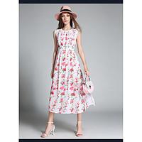 Women\'s Beach Cute Sheath Lace Dress, Floral Geometric Round Neck Midi Sleeveless Cotton Linen Summer High Rise Inelastic Thin