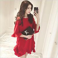 womens going out cute chiffon dress solid round neck knee length sleev ...