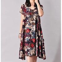 Women\'s Casual/Daily Simple Loose Dress, Floral U Neck Midi Short Sleeve Cotton Summer Mid Rise Micro-elastic Medium