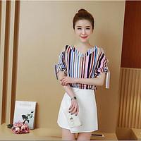 Women\'s Casual/Daily Simple Summer T-shirt Skirt Suits, Solid Striped Deep V Short Sleeve