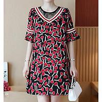 Women\'s Casual/Daily Simple Shift Dress, Print Round Neck Above Knee ½ Length Sleeve Cotton Polyester Summer Mid Rise Micro-elastic Thin